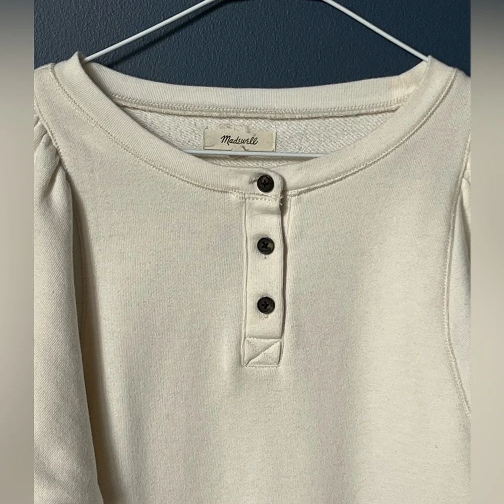 Madewell Puff-Sleeve Henley Sweatshirt - Antique Cream/White - Size XXS. 1070 - Picture 2 of 8